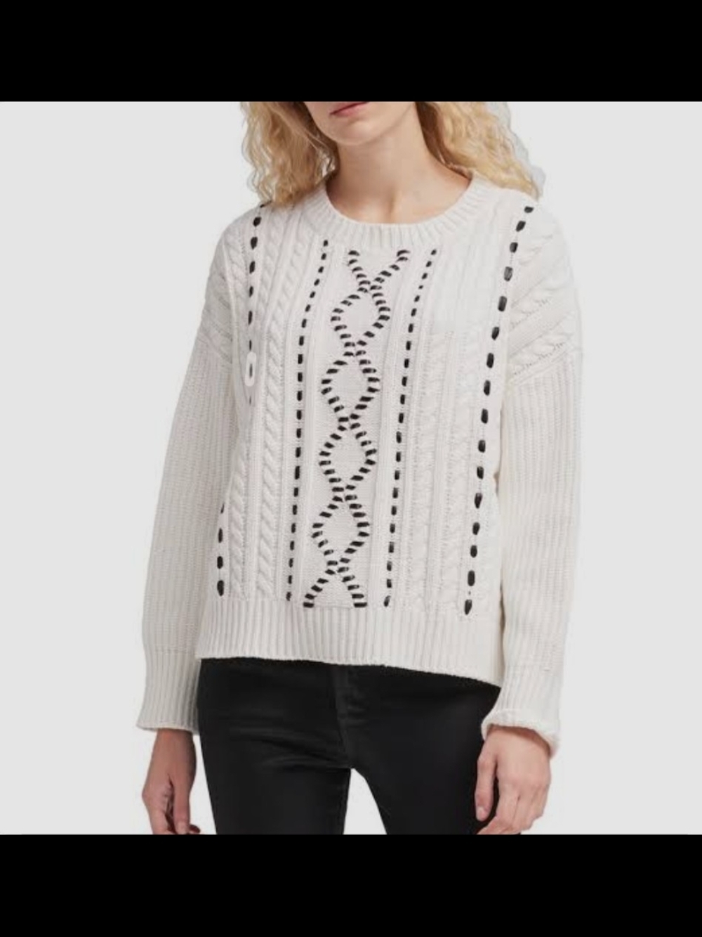 Cyrus Cream Cable Knit Crewneck Sweater with Black Accents